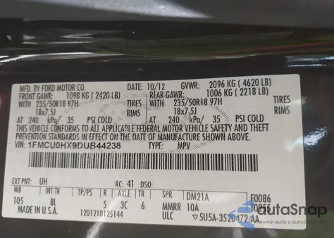 2013 Ford Escape Sel z USA, uszkodzony, nr VIN 1FMCU0HX9DUB44238